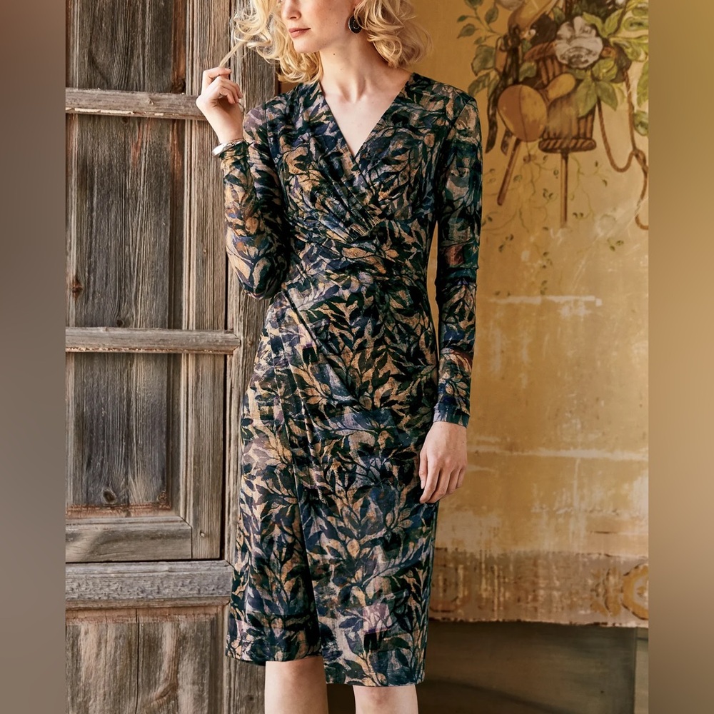Peruvian Connection Shadow Vine Floral‎ Deep V Neck Jersey Faux Wrap Dress S 4 6